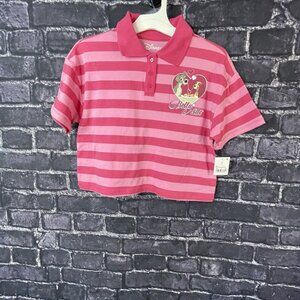 Disney M 8Lady &Tramp Cropped Printed Polo Top Pink Striped Collar Medium